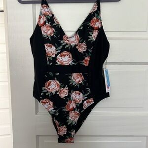 Cupshe one piece padded bathingsuit black with flowers. Never worn. Size large.